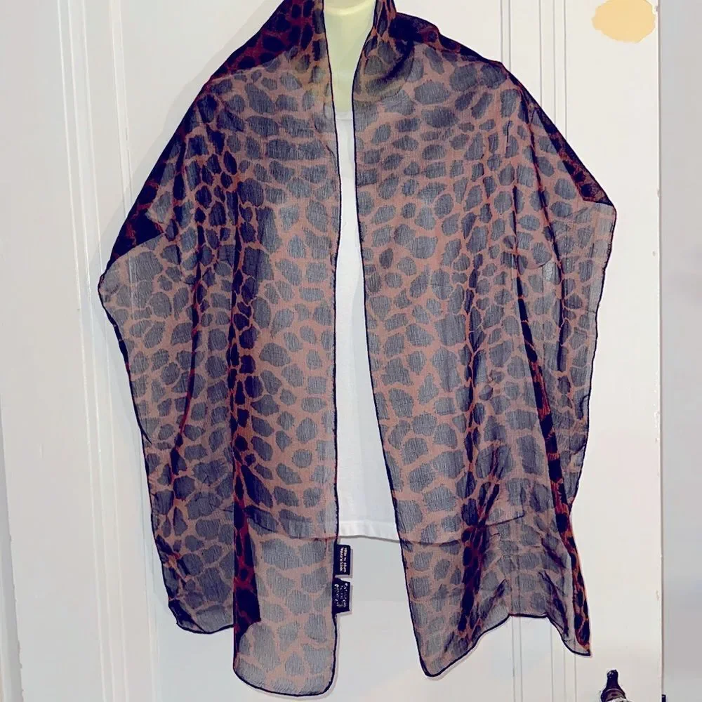 Vintage A.‎ Brod black & orange rayon animal print long semi sheer scarf